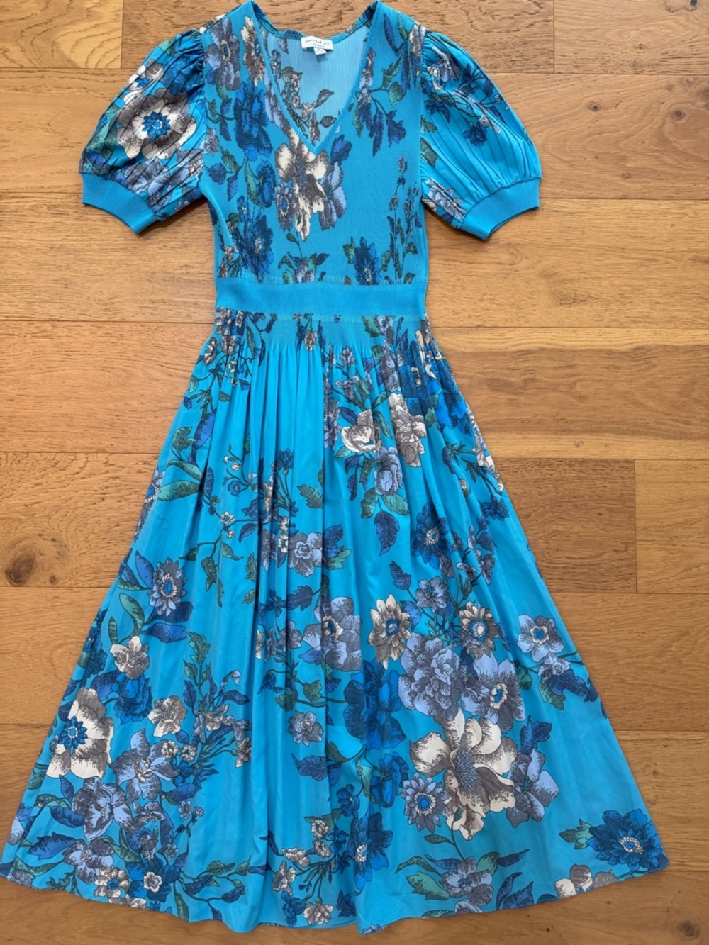 Current Air Bright Turquoise Floral Puff-Sleeve textured fit & flare Dress M EUC